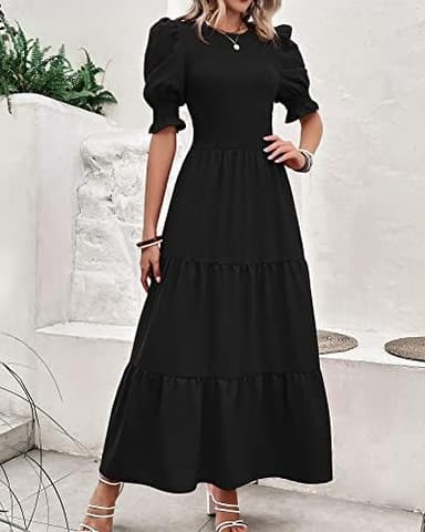 BTFBM Women Casual Summer Dresses 2026 Spring Crew Neck Ruffle Short Sleeve Smocked Floral Boho Flowy Maxi Dress Clothes - Image 4
