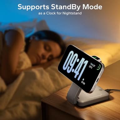 Eazpower 3 in 1 Foldable Wireless Charging Station for MagSafe, Nightstand Magnetic Charger Stand for iPhone 16 15 14 13 Pro Max, Travel Charging Dock with Night Light for Apple Watch/AirPods (Gray) - Image 6