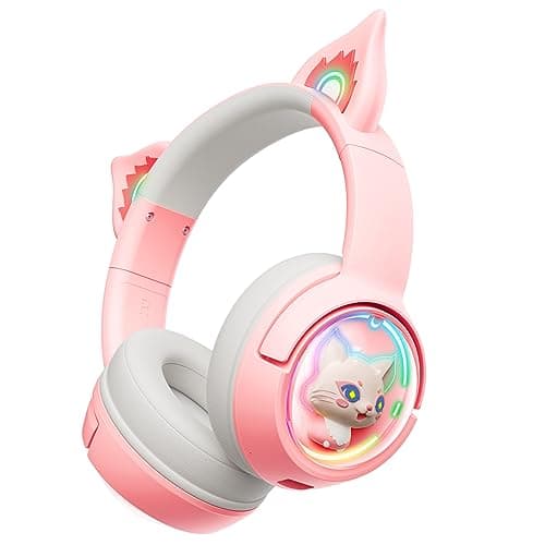 PHNIXGAM Cute Cat Bluetooth Headphones, Wireless & Wired Mode Headset with Mic, RGB LED Light, for Girls Women School Gaming, Compatible with Mobile Phones Tablet (A Pink) - Image 1