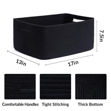 MiniArk Large Storage Baskets for Shelves, Closet Organizers Bins for Clothes Blanket Towels, Baby Nursery, Toy Baskets Box, Woven Rope Baskets, 17 x 13 x 7.5”, 3 Packs Black - Image 2