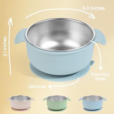 Bella's Friends Stainless Steel and Silicone Baby Bowls with Suction 3 Pack, 4.3” for Toddlers Kids Feeding, Non-Slip, Non-Toxic, Mess-Free, Dishwasher Safe, Fit High Chair Size, beige green blue - Image 2