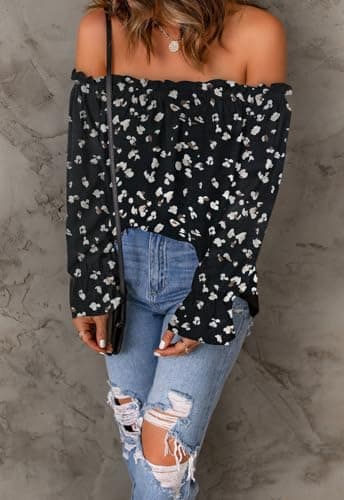 Spriolim Off Shoulder Boho Top for Women Long Sleeve Casual Shirt Ruffle Chiffon Blouses Floral Black, Large - Image 2