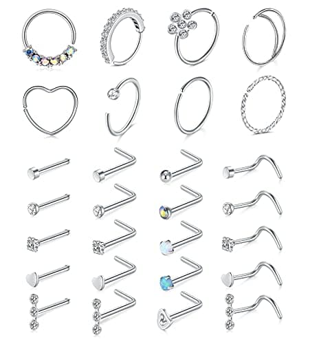 Mayhoop 20g Nose Rings Hoops And Studs For Women Men - Hypoallergenic 316L Surgical Stainless Steel L Shape Nose Screw Bone Silver Rose Gold Black Rainbow Pack 28Pcs - Image 1