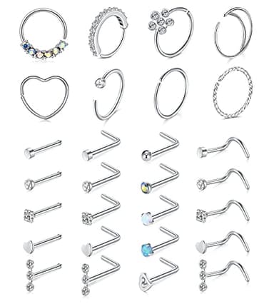 Mayhoop 20g Nose Rings Hoops And Studs For Women Men - Hypoallergenic 316L Surgical Stainless Steel L Shape Nose Screw Bone Silver Rose Gold Black Rainbow Pack 28Pcs - Image 1