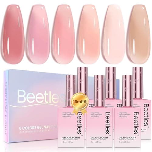 Beetles Nude Pink Gel Nail Polish Set, 6 Colors 15ML Light Pink Jelly Gel Nail Polish Kit Neutral Sheer Full Size Translucent Nail Concealer Soak Off UV Manicure Salon Colorful Bottle Gift for Women - Image 1