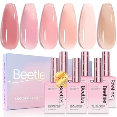 Beetles Nude Pink Gel Nail Polish Set, 6 Colors 15ML Light Pink Jelly Gel Nail Polish Kit Neutral Sheer Full Size Translucent Nail Concealer Soak Off UV Manicure Salon Colorful Bottle Gift for Women - Image 1