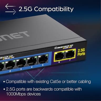 TRENDnet 7-Port Multi-Gig Gaming Switch, TEG-S327, 5 x 1G RJ-45 Base-T Ports, 2 x 2.5G RJ-45 Ports, 20Gbps Switching Capacity, Wall Mountable, Plug & Play, Lifetime Protection, Black - Image 3