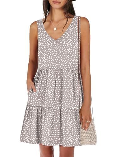ANRABESS Womens Summer Casual Tank Dress Sleeveless V Neck T Shirt Sundress Flowy Tiered Swing Mini Beach Vacation Dresses Khaki Polka Dot X-Large - Image 1