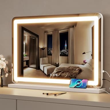 ZL ZELing Vanity Mirror with Lights, 32" x 23", LED Makeup Mirror, Dimmable 3-Color Lighting, 5X Magnification, Touch Screen Control, Wall-Mountable and Tabletop Design - Image 1