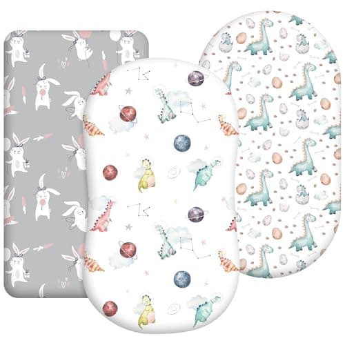Bassinet Sheets for Baby Girl Boy, 3 Pack Soft Breathable Baby Bassinet Mattress Sheets Fit for Hourglass Oval Cradle, Moses Basket Rectangle Mattress (Dinosaur) - Image 1