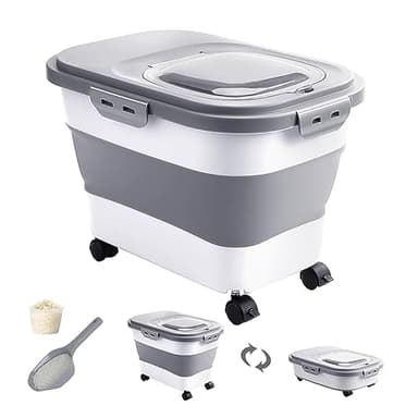 DDMOMMY 20-30 Lbs Rice Storage Container,Collapsible Food Storage Containers with Rolling Wheel Airtight Locking Lid,Flour Storage Container with Cup and Scoop,Suitable for Food,Rice,Pet Food,Flour - Image 1