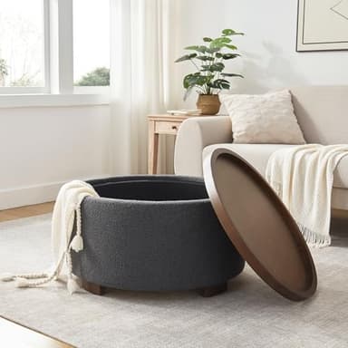 Zihanhome 30 Inch Round Storage Ottoman Coffee Table, Modern Boucle Ottoman with Lift-Off Lid and Solid Wood Legs for Living Room, Bedroom, Corners, Apartments (Grey) - Image 3
