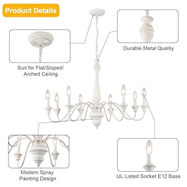 French Country Chandelier 8 Lights White Modern Farmhouse Chandeliers for Dining Room Light Fixture Rustic Candle Wood Pendant Lights for Living Room Kitchen Bedroom Island - Image 5