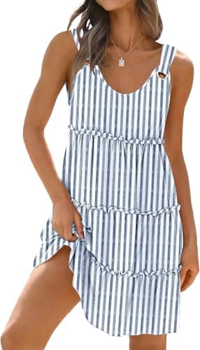 ETCYY Sundresses for Women 2025 Vacation Swimsuit Cover Ups Boho Floral Beach Dress T-Shirts Tank Dresses,Striped Navy,Large - Image 1