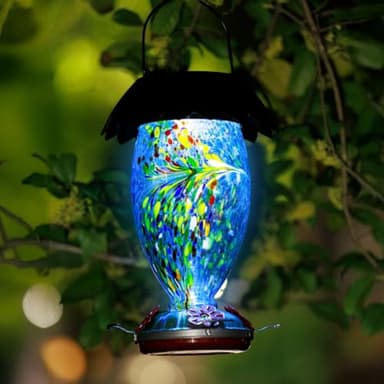 Solar Hummingbird Feeder for Outdoors Hanging Colorful Lighting 32 Oz Hand Blown Glass Hummingbird Feeder for Garden Decoration with Accessories (Blue) - Image 4