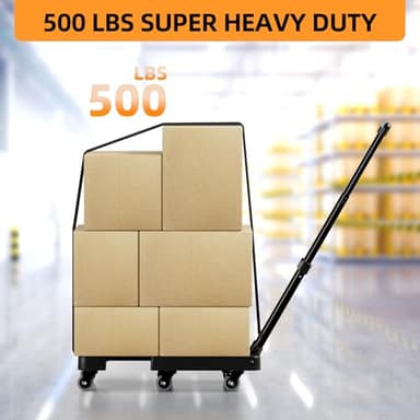 Folding Hand Truck, 500 LB Heavy Duty Luggage Cart, Utility Dolly Platform Cart with 6 Wheels & 2 Elastic Ropes for Luggage, Travel, Moving, Shopping, Office Use, Black - Image 5