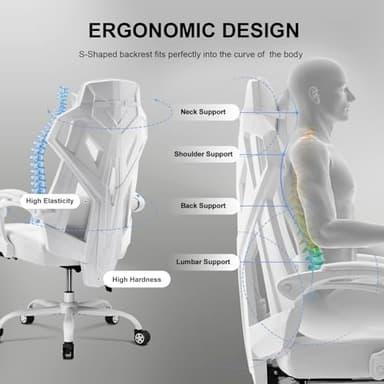 GTRACING Gaming Chair, Computer Chair with Mesh Back, Ergonomic Game Chair with Footrest, Reclining Game Chair with Adjustable Headrest and Lumbar Support for Gaming and Office (White) - Image 6