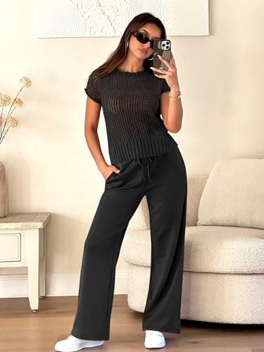 ANRABESS Women Two Piece Outfits Crochet Sheer Knit Sweater Top Wide Leg Pants Lounge Matching Sets Sweatsuit Travel Clothes Black Medium - Image 4