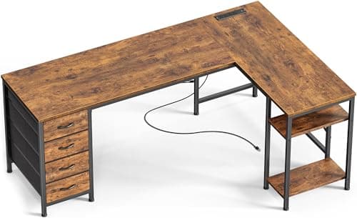 Huuger 63 Inch L Shaped Desk with Fabric Drawers, Computer Office Desk with Power Outlets and USB-C Port, Corner Desk with Storage Shelves, for Gaming Work Study Home Office, Reversible, Rustic Brown - Image 1