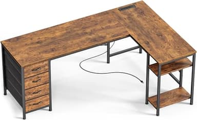 Huuger 63 Inch L Shaped Desk with Fabric Drawers, Computer Office Desk with Power Outlets and USB-C Port, Corner Desk with Storage Shelves, for Gaming Work Study Home Office, Reversible, Rustic Brown - Image 1