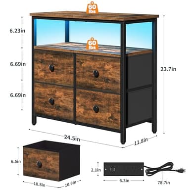 Yoobure Night Stand with Charge Station, Nightstand with 4 Drawers Bedside Table, LED Dresser with Storage Shelf, Night Stands for Bedroom, Side Table 3-Tier Wood End Table for Home Rustic Brown - Image 3