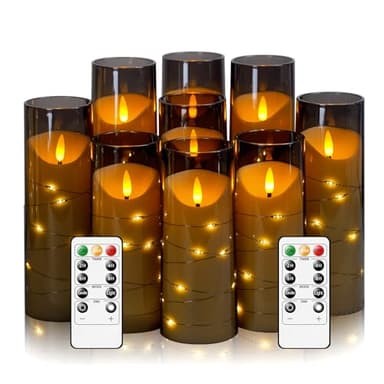 Eebuss Flameless Candles with Embedded Star String, Battery Operated LED Pillar Candles with Timer and Remote Control,Home Decorating for Ambiance， Set of 9(Grey) - Image 1