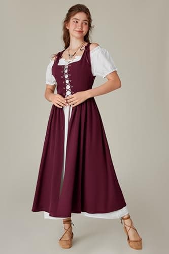 Scarlet Darkness Medieval Dress for Women Renaissance Costume Fairy Elf Short Sleeve Irish Chemise Dress & Overdress Wine 2XL - Image 3