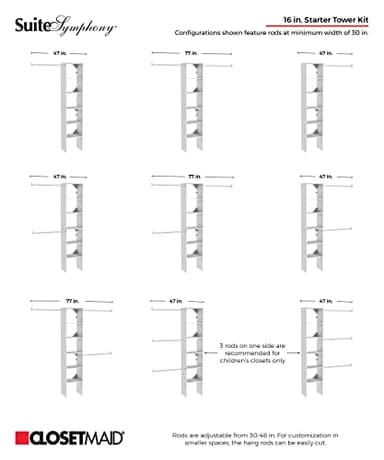 ClosetMaid SuiteSymphony Wood Closet Organizer Starter Kit with Tower and 3 Hang Rods, Shelves, Adjustable, Fits Spaces 4 – 9 ft. Wide, Engineered Wood, Pure White, 16" - Image 4