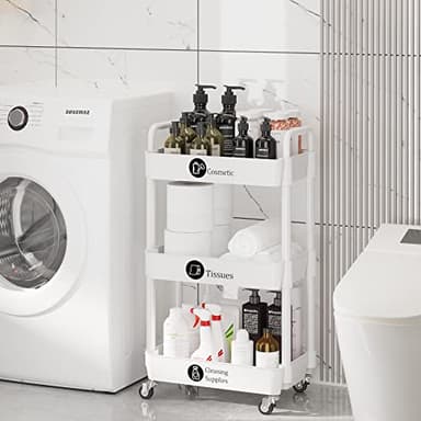 Laiensia 3-Tier Rolling Cart with Wheels,Multifunction Utility Storage carts, Kitchen Storage Organizer,Mobile Shelving Unit for Bathroom,Laundry,with Classified Stickers,White - Image 5