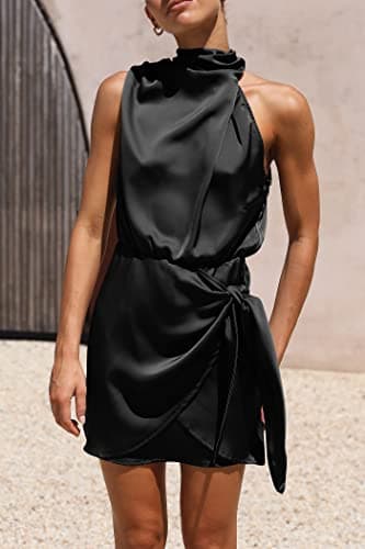 PRETTYGARDEN Women's Short Formal Satin Dress Summer Sleeveless Mock Neck Tie Waist Cocktail Party Dresses (Black,X-Large) - Image 8