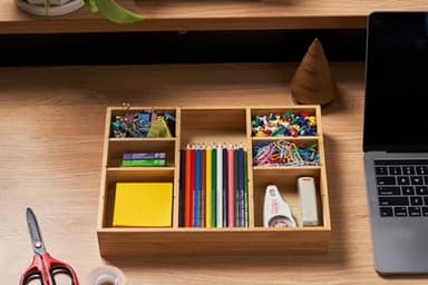 Umilife Desk Drawer Organizer, Bamboo Wood Organizer Tray with Adjustable Compartments, Office Desk Accessories Supplies Organization Storage, 12" x 9" - Image 5