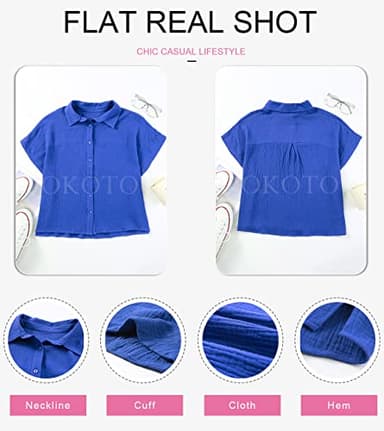 Dokotoo Stylish V Neck Cotton Shirt for Women - Batwing Short Sleeve, Loose Fit Tunic Top, Blue L - Image 5