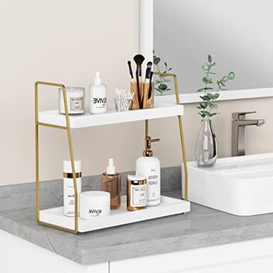 Forbena Bathroom Organizer Countertop, Counter Organizer for Bathroom Decor, Wooden Sink Shelf for Vanity Storage, Makeup Tray for Perfume Skincare Bedroom Kitchen Corner (2 Tier, White and Gold) - Image 4