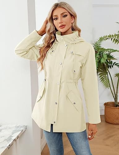 LOMON Women Rain Jacket Lightweight Hooded Jackets Women Lined Trench Coats Waterproof Outdoor Hiking Raincoat Beige M (Big Plaid Lining) - Image 3