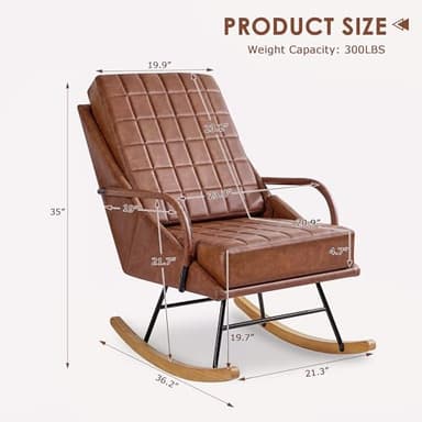 VECELO Rocking Chair Nursery, Oversize Leather Glider Rocker with Padded Cushion, Upholstered Removable High Back, Brown - Image 2