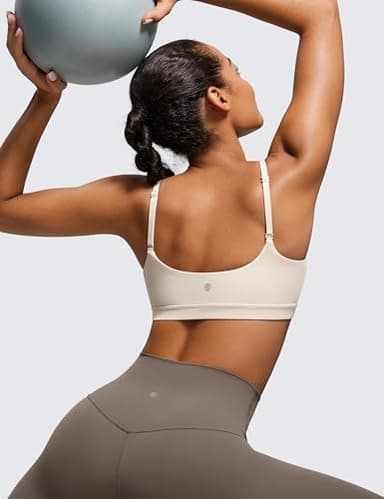 CRZ YOGA Womens Butterluxe Adjustable Spaghetti Strap Sports Bra - Scoop Neck Wireless Padded Yoga Workout Crop Top Mojave Tan Medium - Image 4