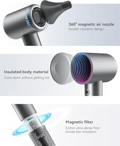 Yinole Hair Dryer Ionic Blow Dryer with Diffuser for Curly Hair, 1500W High-Speed Brushless Corded with 150,000 RPM, Fast Drying Low Noise Thermo-Control Hairdryer with Nozzle for Home Travel - Image 7