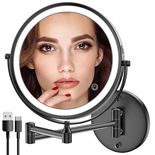 Rocollos Rechargeable Wall Mounted Lighted Makeup Mirror, 8 Inch Double-Sided LED Vanity Mirror 1X/10X Magnification,3 Color Lights Touch Screen Dimmable 360°Swivel 13 Inch Extendable - Image 1