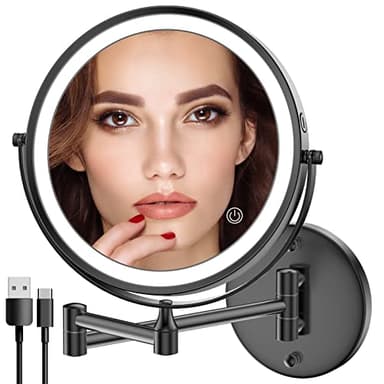 Rocollos Rechargeable Wall Mounted Lighted Makeup Mirror, 8 Inch Double-Sided LED Vanity Mirror 1X/10X Magnification,3 Color Lights Touch Screen Dimmable 360°Swivel 13 Inch Extendable - Image 1