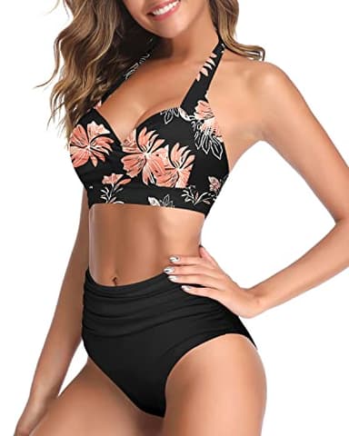 Tempt Me Women's Vintage Swimsuits Floral Black Retro Halter Ruched High Waist Bikini with Bottom L - Image 3