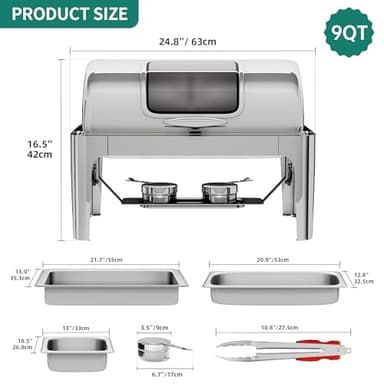 YITAHOME 9 Qt Visible Roll Top Chafing Dish Buffet Set, Rectangular Stainless Steel Buffet Warmer Chafers, for Wedding, Parties, Banquet, Catering Events (1 Full Size & 2 Half-Size) - Image 3