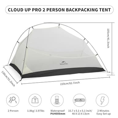 Naturehike Cloud up Pro 2 Person Tent, Double Layer Waterproof Two Person Tent,Ultralight 2 Person Backpacking Tent with Footprint - Image 2