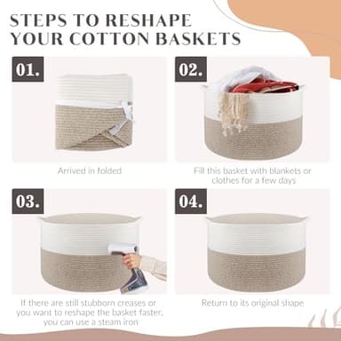 Throw Blanket Basket for Living Room, Extra Large Cotton Rope Basket for Storage, Woven Laundry Towel Hamper with Handles, Baby Toy Storage, 22" x 22" x 14" Pillow Bin - Image 8