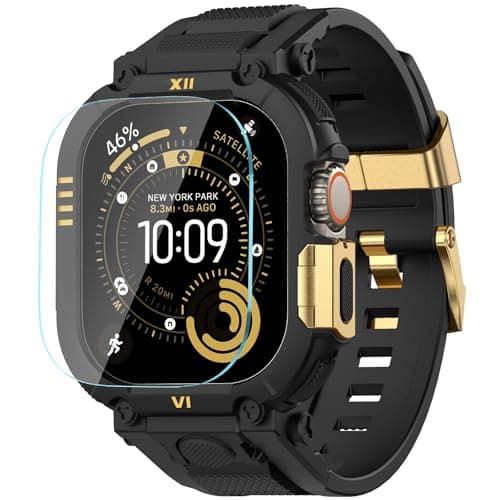 XYF Rugged men Sport Silicone Band Compatible for Apple Watch Ultra 49mm with Metal Bumper Case, Sport strap with Cases Screen Protector for iWatch Ultra 3/2/1 (49mm,Black/Gold) - Image 1