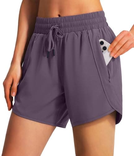 Ksmien Women's 5" Athletic Running Shorts Quick Dry Lightweight Workout Gym Shorts with Zipper Pockets UPF 50+ Grey Purple - Image 1