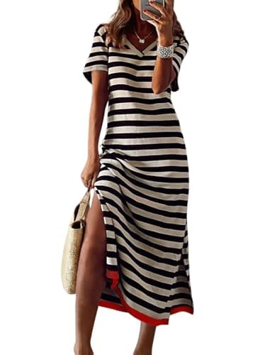 Dokotoo Maxi Dress Casual V Neck Short Sleeve Stripe Split Long Dresses for Women Graduation Dress Summer Dresses for Women 2025 Elegant ClassyBlack Large - Image 1