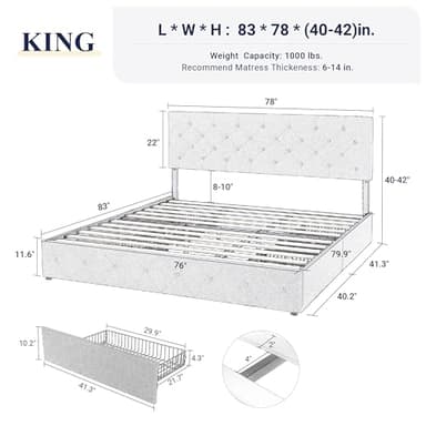 Allewie King Size Black Metal Faux Leather Platform Bed Frame with 4 Drawers - Image 2