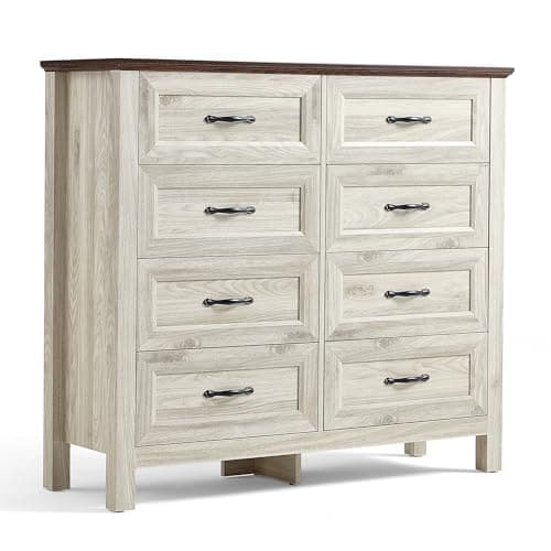 LINSY HOME Farmhouse 8 Drawers Dresser Chests for Bedroom, Wood Dresser Wide Chest of Drawers, Storage Dressers Organizer for Bedroom, Living Room,Hallway, SGS Certified - Image 1