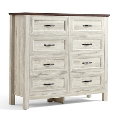 LINSY HOME Farmhouse 8 Drawers Dresser Chests for Bedroom, Wood Dresser Wide Chest of Drawers, Storage Dressers Organizer for Bedroom, Living Room,Hallway, SGS Certified - Image 1