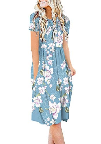 DB MOON Women Summer Casual Short Sleeve Dresses Empire Waist Dress with Pockets (Flower Light Blue, M) - Image 1